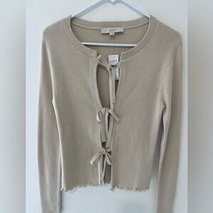 LOFT Cream Knit Cardigan with Tie Detail